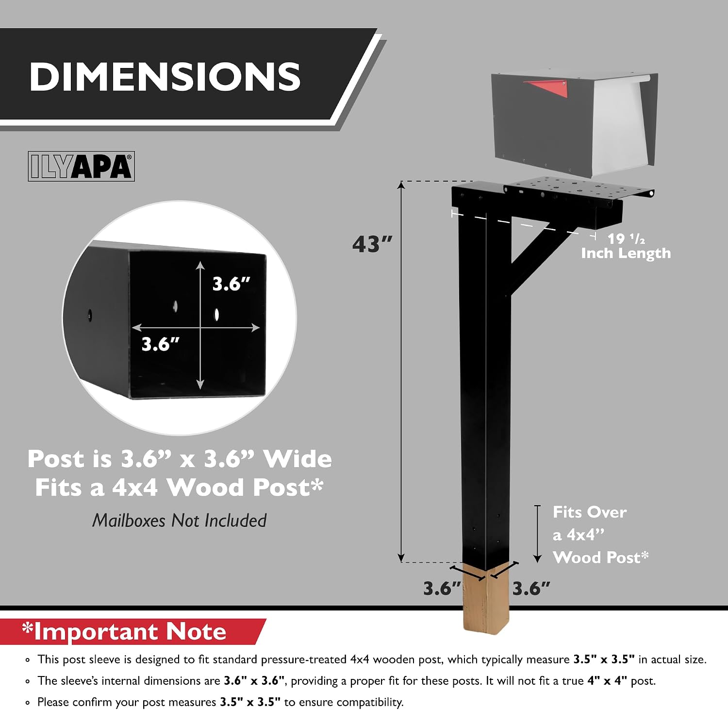 Ilyapa Black Metal Mailbox Post for Outside, 43x4x4 inch Metal Post Sleeve with Two Universal Mailbox Mounting Bracket for Curbside Residential Mail Box, Arm Style