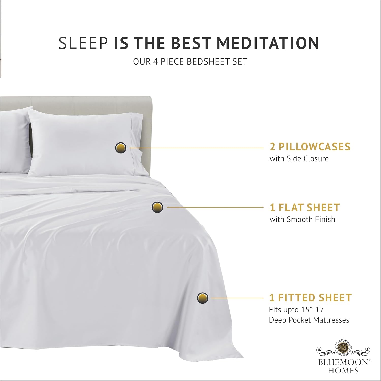 Bluemoon Homes Egyptian Cotton Sheets Full Size Pack of 2-4 Piece Sheet Set All Around Elastic 18' Deep Fitted Sheet, Extra Soft Bed Sheets - White Full Bedding Set