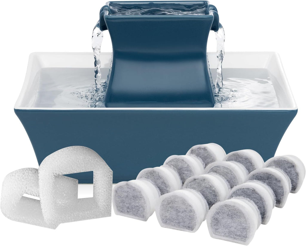 PetSafe Drinkwell Pagoda Pet Fountain 70 oz/ 2L Capacity,Elevated Indoor Ceramic Cat Water Fountain, 2 Levels of Free-Falling Stream, Included Carbon & Foam Filter Provide Fresh Water with Every Sip