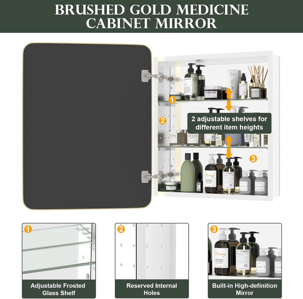 WallBeyond Bathroom Medicine Cabinet with Mirror, 22x28 Inch Gold Recessed Medicine Cabinet with Round Corner Aluminum Alloy Metal Framed, Single Door Cabinet Medicine with Storage
