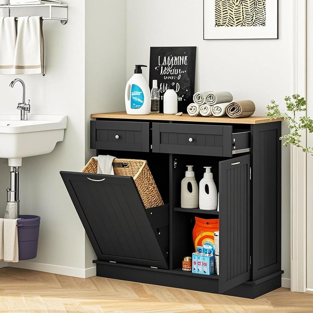 POWERSTONE Hidden Tilt Out Trash Cabinet Kitchen Island with 2 Drawers & Adjustable Shelf, Rubber Wood Countertop, Freestanding Laundry Hamper Recycle Bins, Pet Proof Garbage Can Holder Black