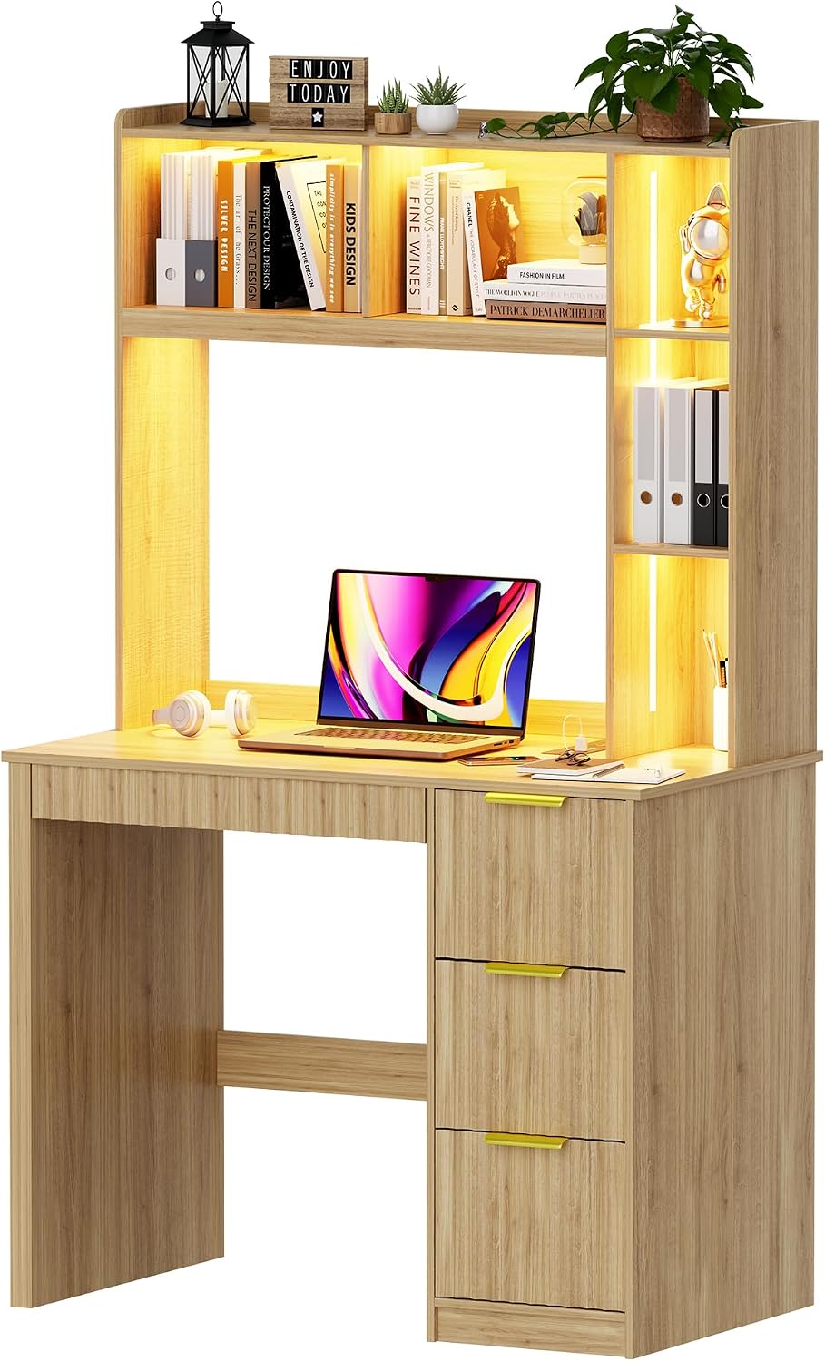 WOOVIVS Home Office Desk with Hutch & LED Lights - 39' Computer Desk with Charging Station, 3 Large Drawers, Hidden Compartment & Fluted Panel Design,Natural Writing Desk for Bedroom, Study