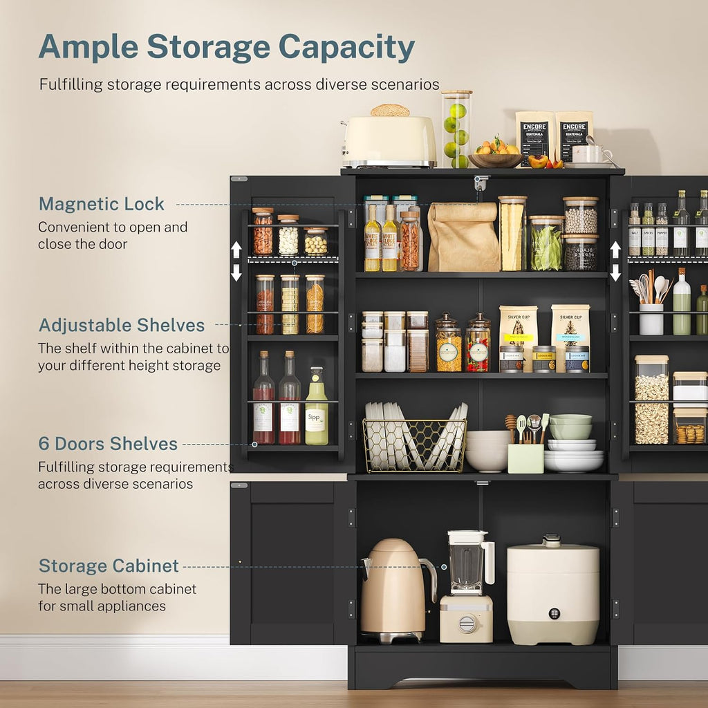 TEENFON Storage Cabinet with 4 Doors, Kitchen Cabinet with 6 Door Shelves, Kitchen Pantry for Living Room, Dining Room, Bathroom, Black