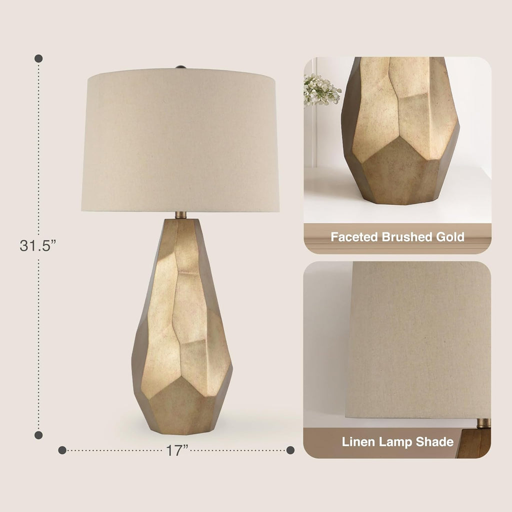 Abani Table Lamp Lia Faceted 31.5' – Modern Glam Gold Resin Base with Wheat Linen Shade – E26 Bulb Included – Elegant Desk Lamp for Bedroom, Living Room Lamp, Dorm or Nightstand