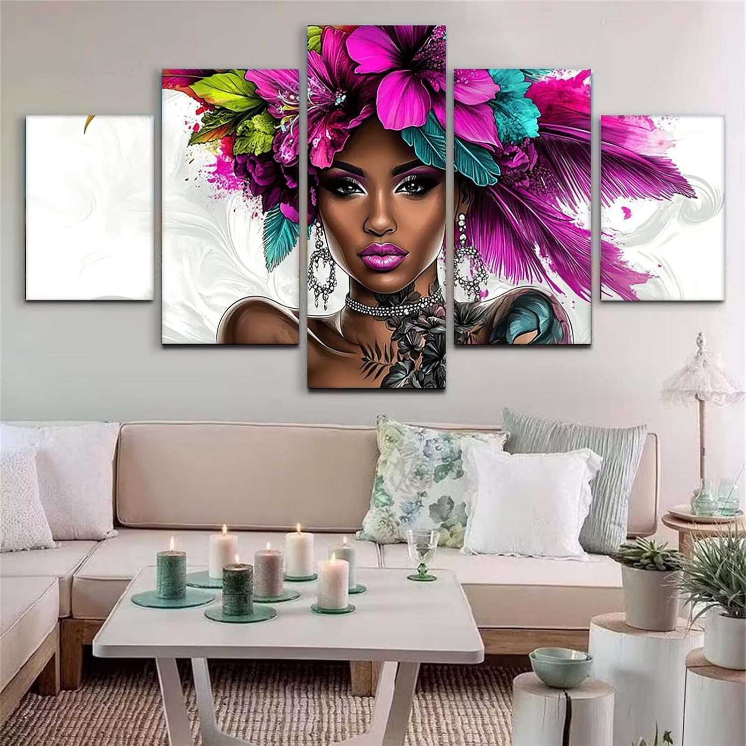 Africa Diamond Art 5 Piece Diamond Painting Woman 5D DIY Full Round Drill Dimond Art Paintings Rhinestones Crafts for Adults Gem Painting for Home Decor, Large Artwork for Wall 44 x 90 Inch, Model417