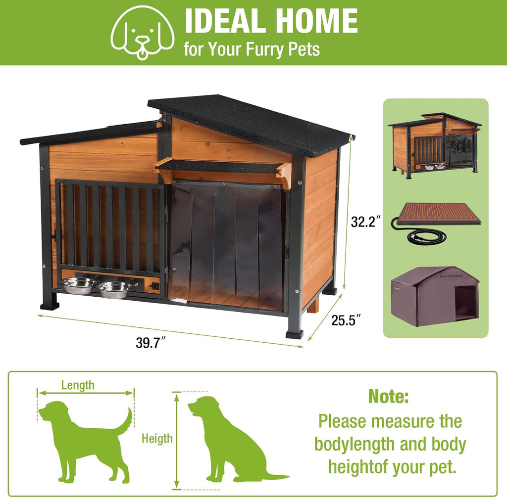 GUTINNEEN Large Heated Dog House Outdoor with Safe Heater and Thermal Liner, Insulated Dog Kennel Indoor Weatherproof Dog Shelter with Rotatable Spill-Proof Bowl for Large Dog Breeds