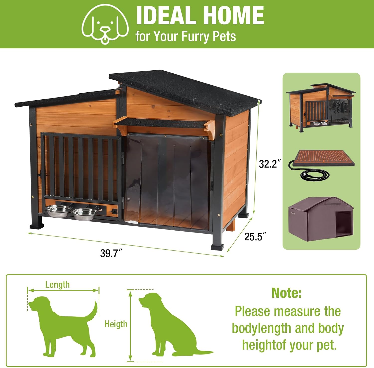 GUTINNEEN Large Heated Dog House Outdoor with Safe Heater and Thermal Liner, Insulated Dog Kennel Indoor Weatherproof Dog Shelter with Rotatable Spill-Proof Bowl for Large Dog Breeds