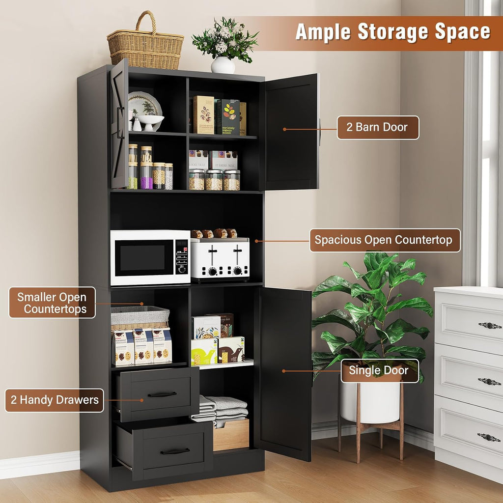 Bigbiglife Farmhouse Kitchen Pantry Cabinet with LED Lights and Power Strip, Tall Kitchen Storage Cabinet, Kitchen Hutch with Microwave Stand & Barn Doors and Drawers for Dining Room