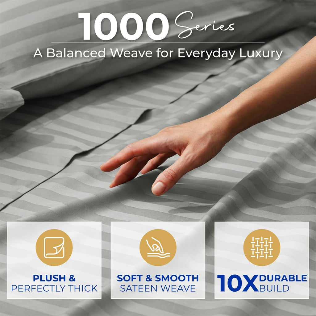 THREAD SPREAD Queen Sheet Set, Luxury 1000 Series Paradise Collection 100% Egyptian Cotton Damask Striped Bed Sheets Queen Size (4 PC, Silver Grey Stripe), Cooling 16' Deep Pocket Hotel Sheet Set