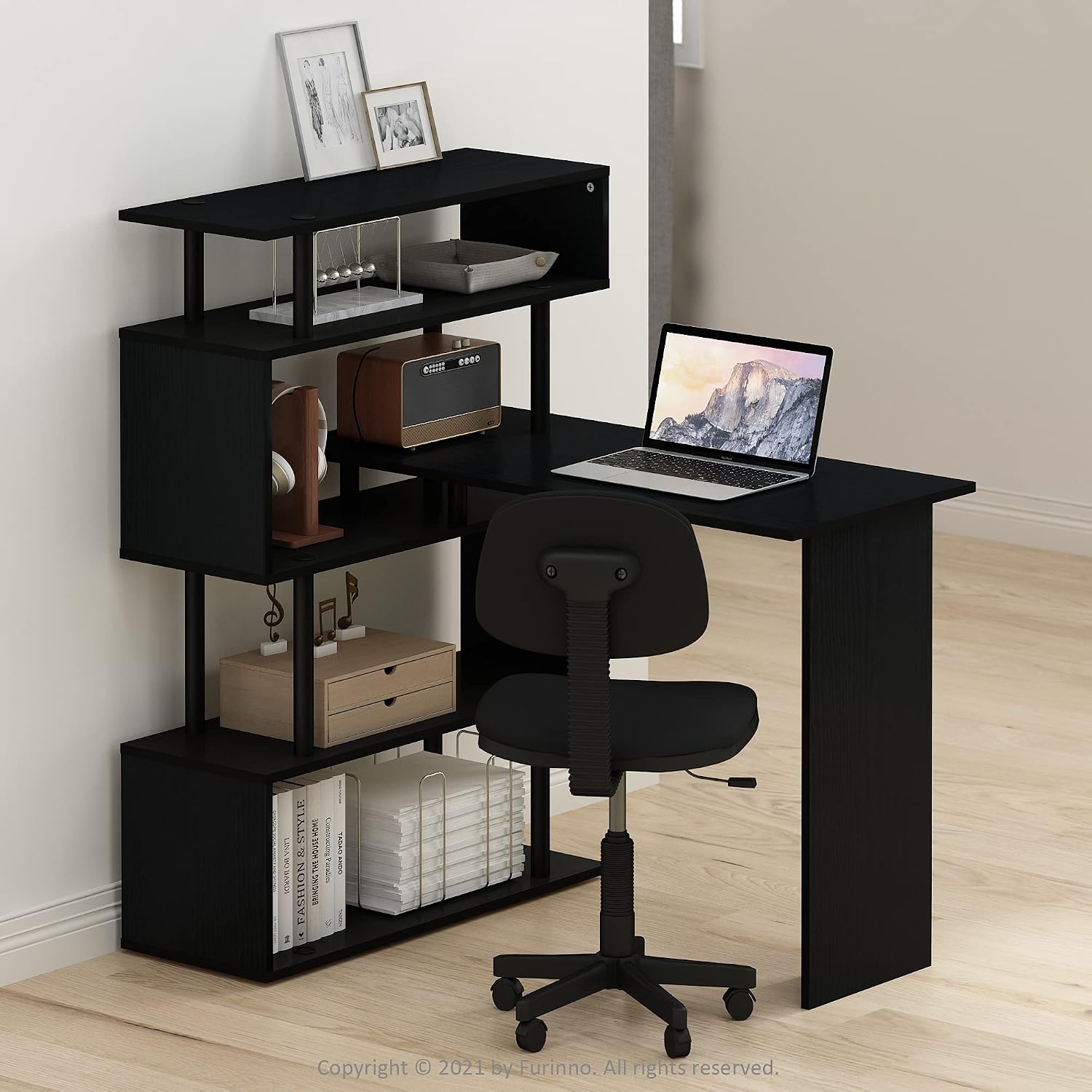 Furinno Classic Desk, 40' Wide L-Shape Gaming Desk, Computer Desk, Writing Desk with 5-Tier S-Shaped Side Shelves for Home Office, Study Room, Dorm, Bedroom, Americano
