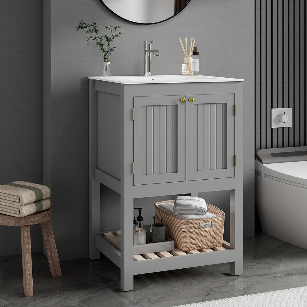 24 Inch Small Bathroom Vanity with Sink, Modern Bathroom Sink Cabinet with Open Shelf, Ceramic Basin, Gray