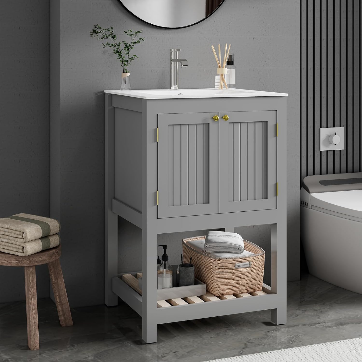 24 Inch Small Bathroom Vanity with Sink, Modern Bathroom Sink Cabinet with Open Shelf, Ceramic Basin, Gray