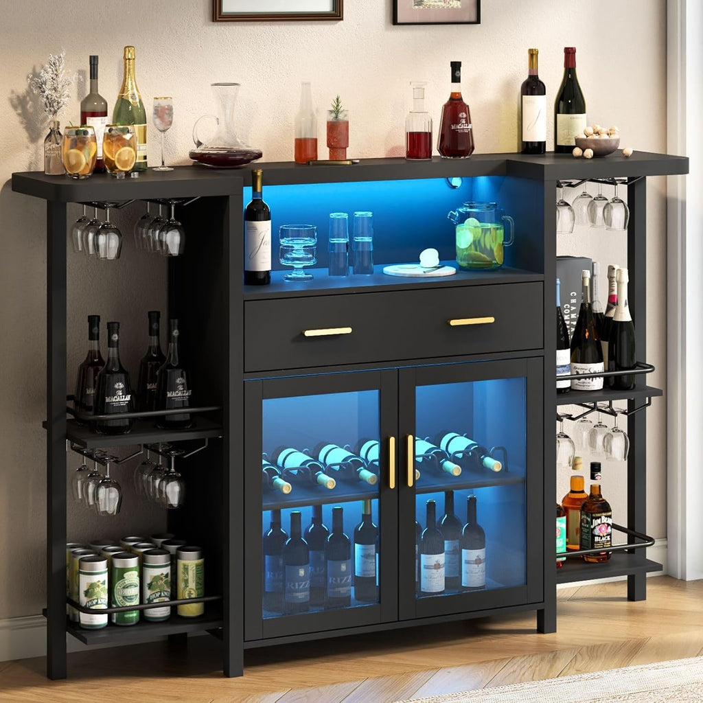 Loomie Bar Table Cabinet with LED Lights & Drawer, 8-Tier Wine Bar Cabinet with Wine Rack & Stemware Holder, Home Bar Unit Liquor Cabinets with Glass Door, Crescent Shaped Counter for Home Pub (Black)