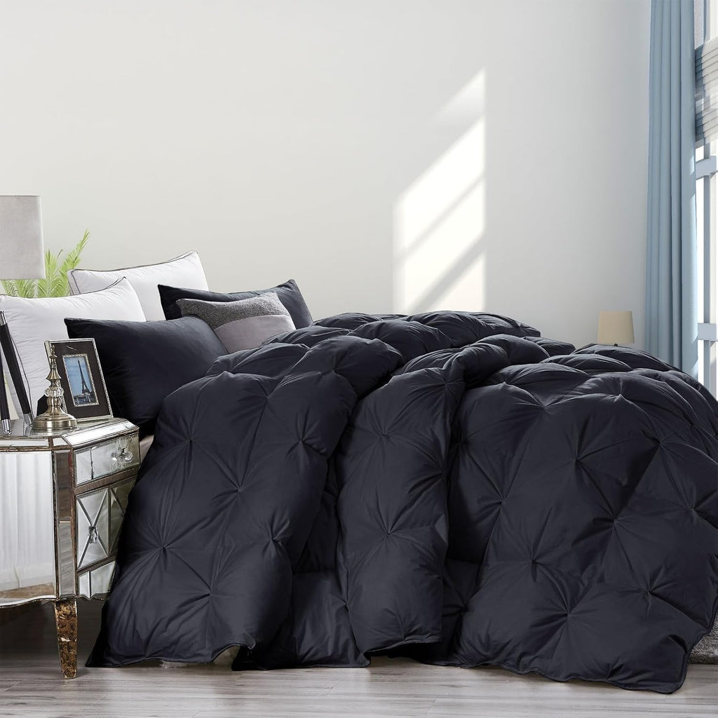 Luxurious Queen Size Goose Down Feather Fiber Comforter Duvet Insert, 100% Egyptian Cotton Cover, 60 oz. Fill Weight Comforter (Queen, Black Pinch Pleat)