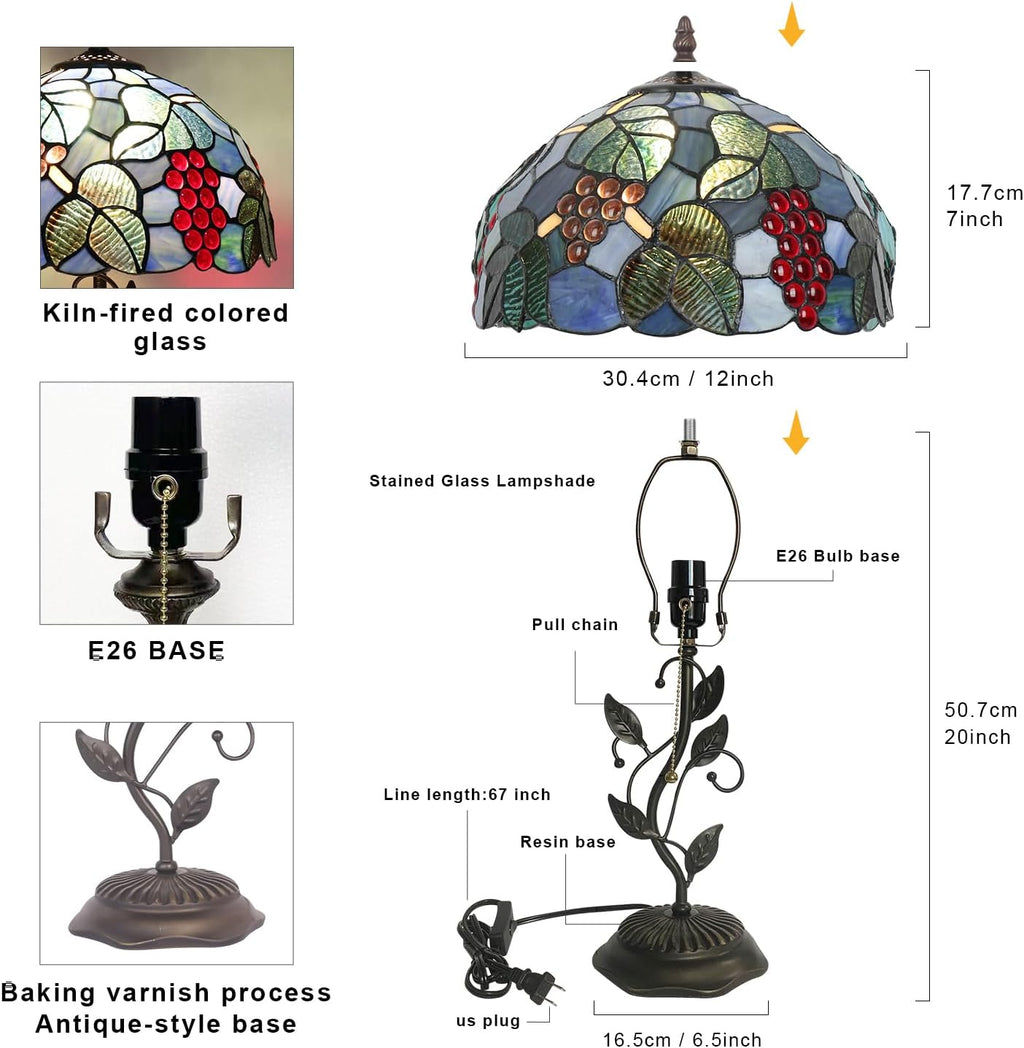 Tiffany Stained Glass Table Lamp with Grape Design, Metal Leaf Base, 12x12x19 Inch, for Bedroom, Living Room, Home, Office