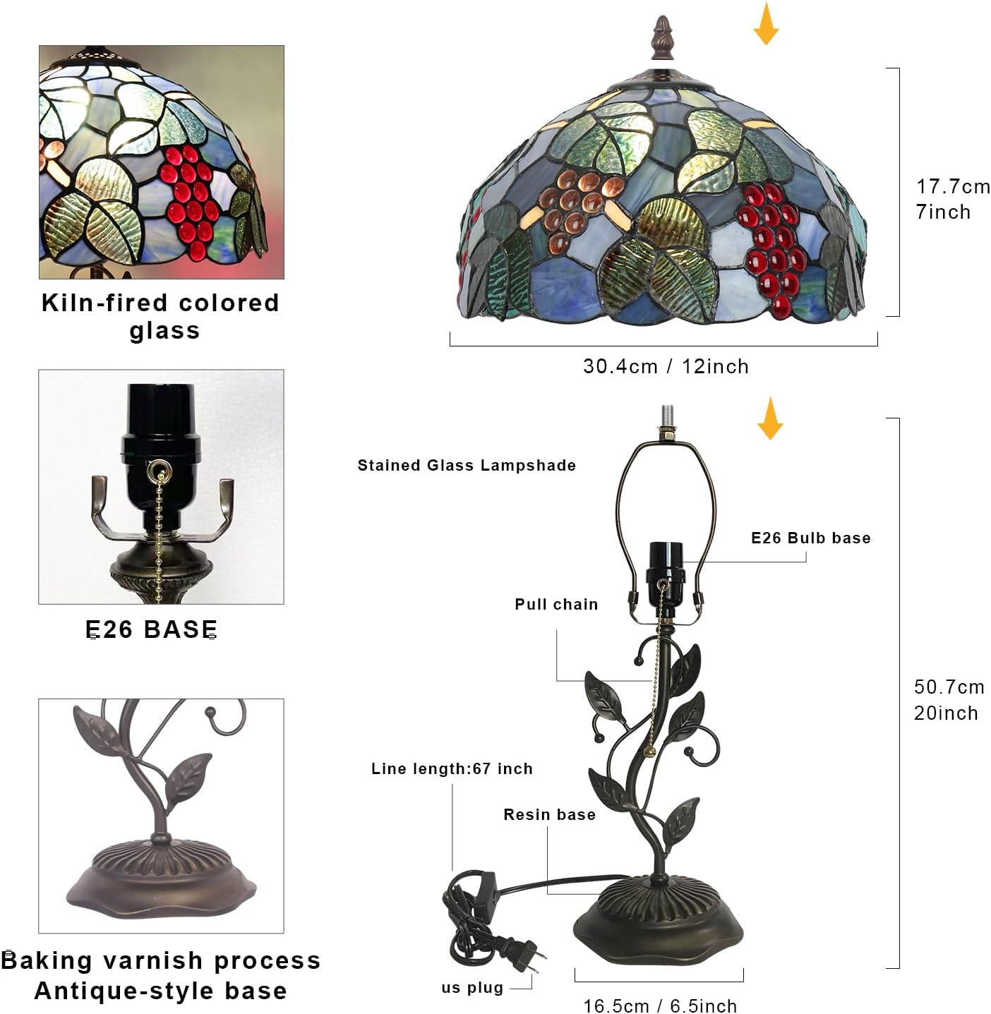 Tiffany Stained Glass Table Lamp with Grape Design, Metal Leaf Base, 12x12x19 Inch, for Bedroom, Living Room, Home, Office