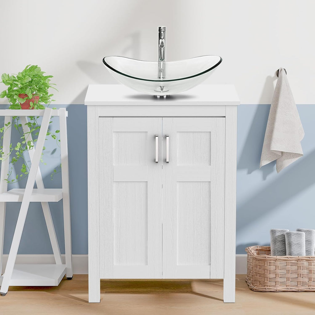 YOURLITE 24 Inches Traditional Bathroom Vanity Set with Single Faucet Hole, Clear Boat Glass Sink, White Finish, 2-Door Cabinet