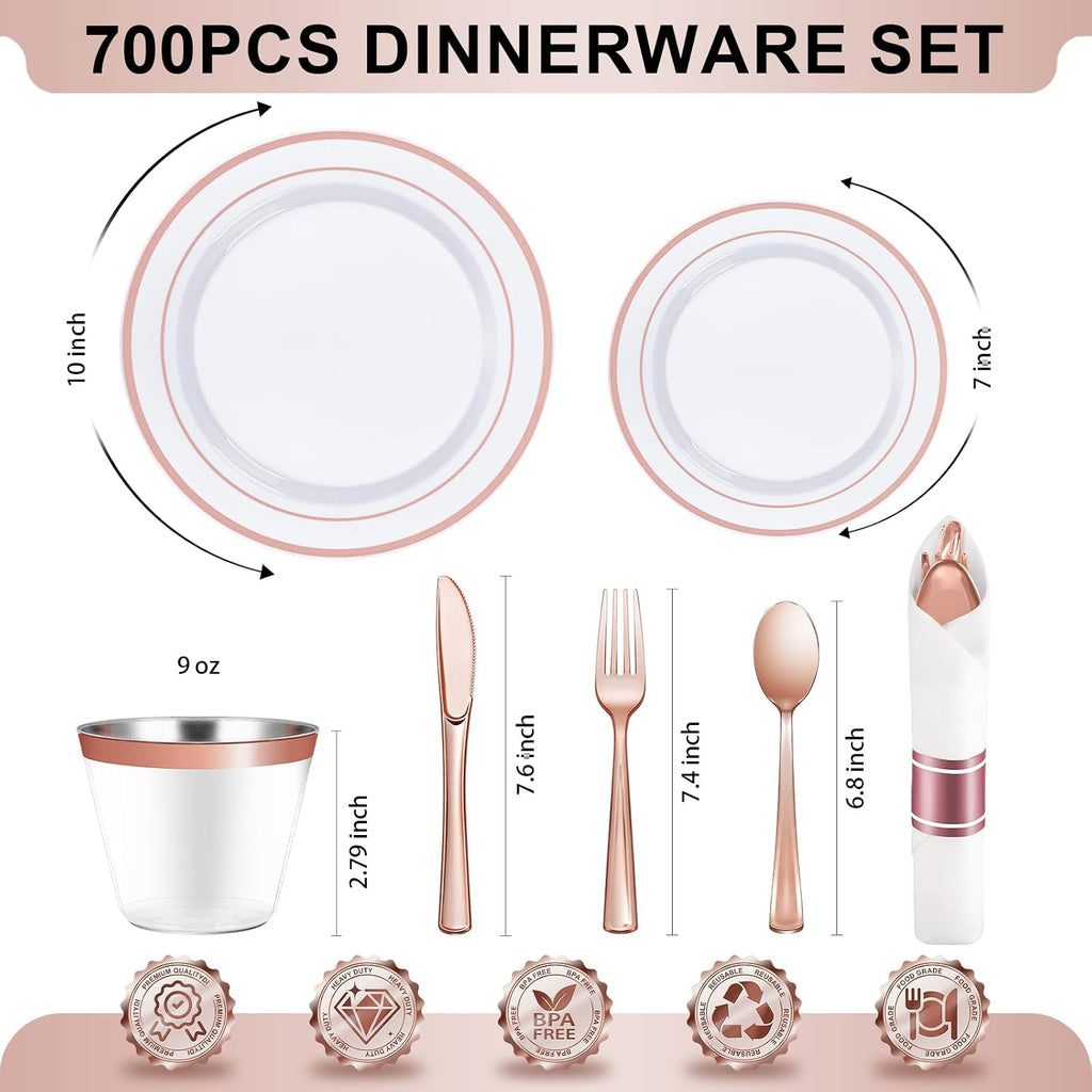 BESTVIP 700PCS Rose Gold Plastic Dinnerware Set, Disposable Party Plates for 100 Guests, Include: 200 Plastic Plates, 100 Pre Rolled Napkins with Rose Gold Silverware, 100 Cups for Christmas
