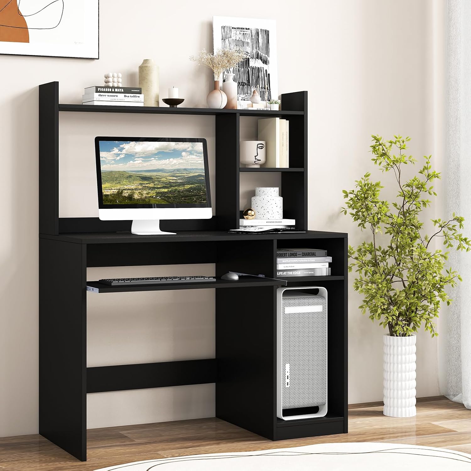Tangkula Computer Desk with Storage Hutch & Charging Station, Home Office Study Writing Desk with Bookshelf, Keyboard Tray & CPU Stand, Modern Laptop PC Desk, Computer Workstation for Study, Bedroom