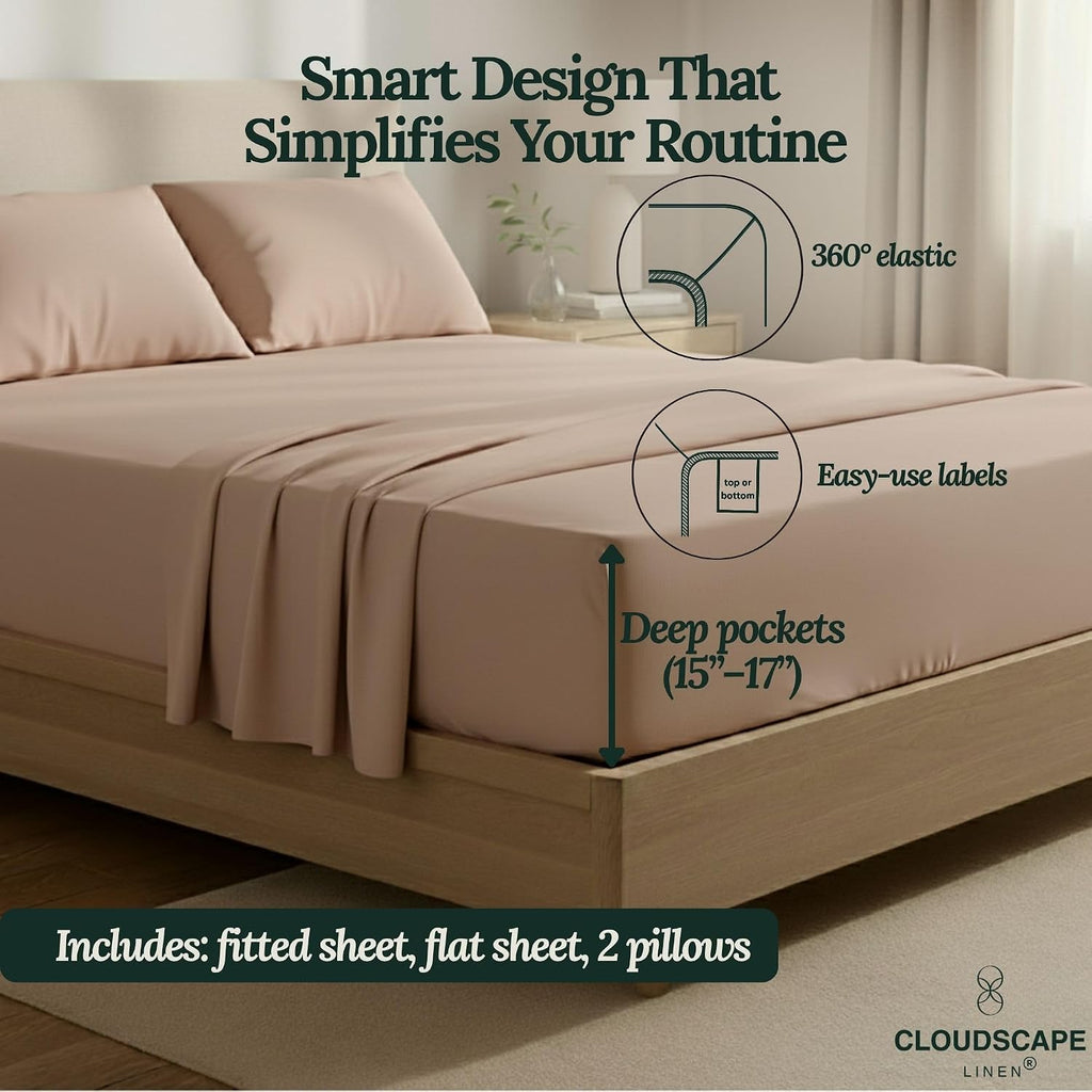 CLOUDSCAPE 100% Egyptian Cotton Sheets Queen Size, 4 Piece Breathable & Silky Sateen Weave Queen Sheet Set, Ultra-Soft & Cooling Hotel Luxury Sheets, Deep Pocket Fitted up to 15', Sepia Rose