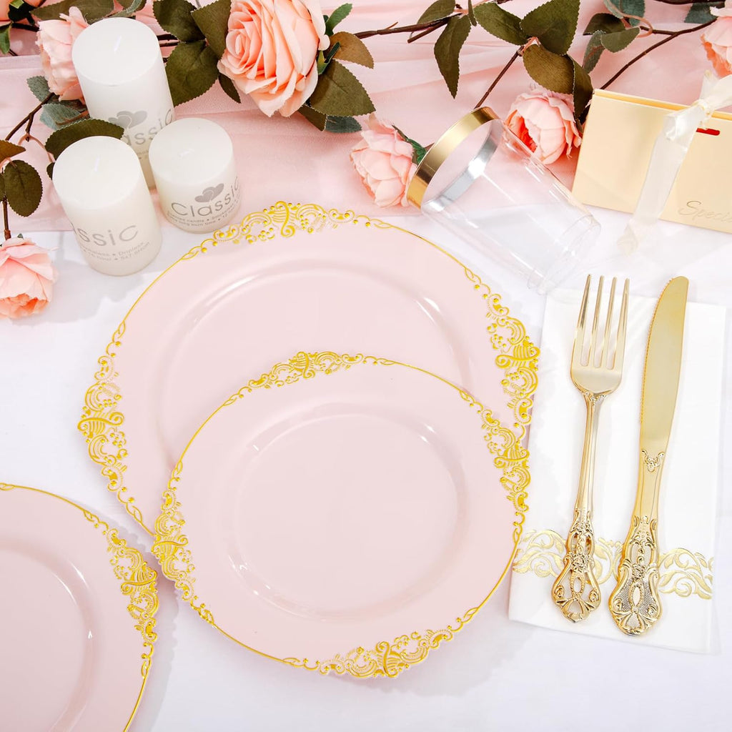 YOUBET 700PCS Pink Plastic Plates - Pink and Gold Plates - Luxury Pinks Dinnerware Set Include 200 Disposable Plates, 300 Heavy Duty Silverware, 100 Cups, 100 Napkins for Wedding Party