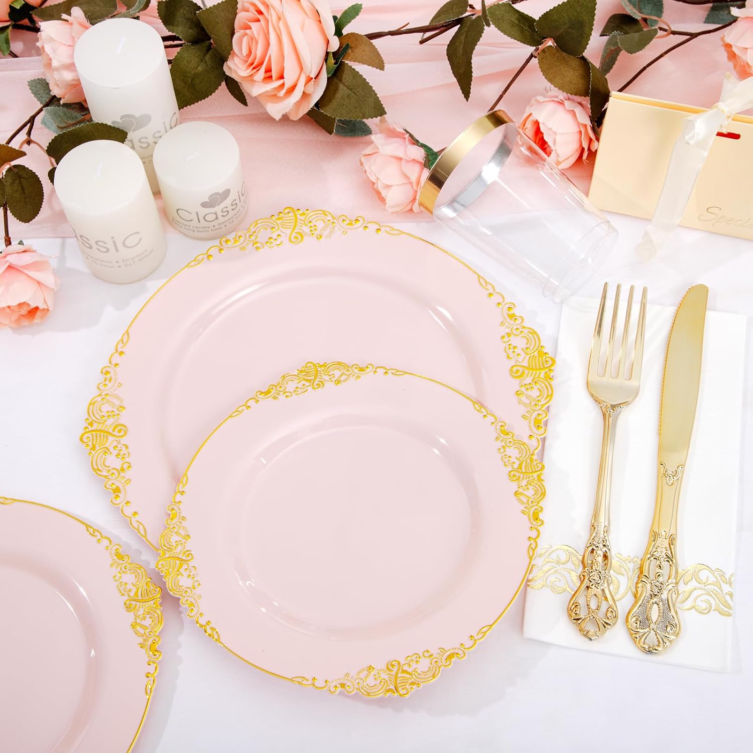 YOUBET 700PCS Pink Plastic Plates - Pink and Gold Plates - Luxury Pinks Dinnerware Set Include 200 Disposable Plates, 300 Heavy Duty Silverware, 100 Cups, 100 Napkins for Wedding Party
