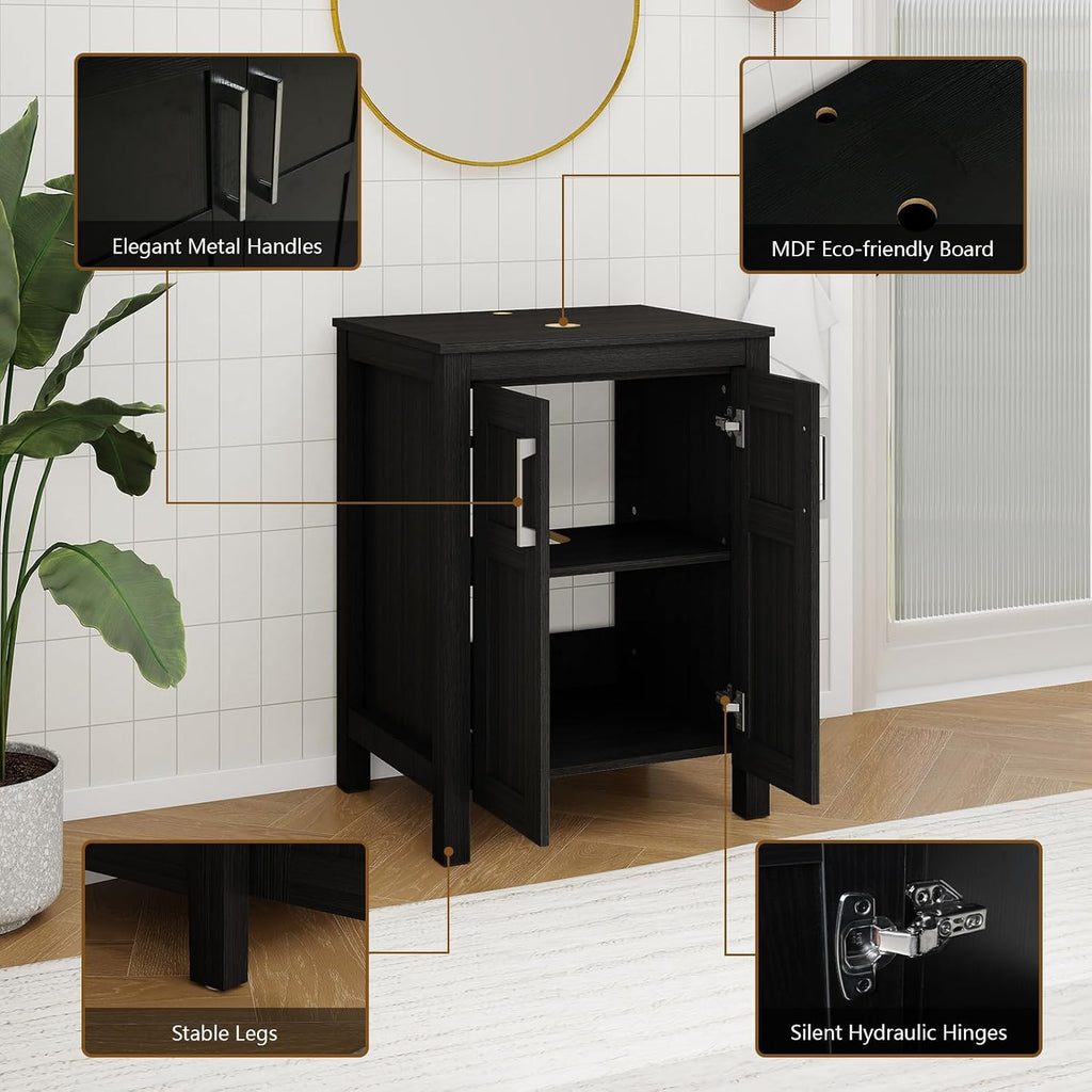 YOURLITE 24 Inches Traditional Bathroom Vanity Set with Single Faucet Hole, Clear Boat Glass Sink, Black Finish, 2-Door Cabinet