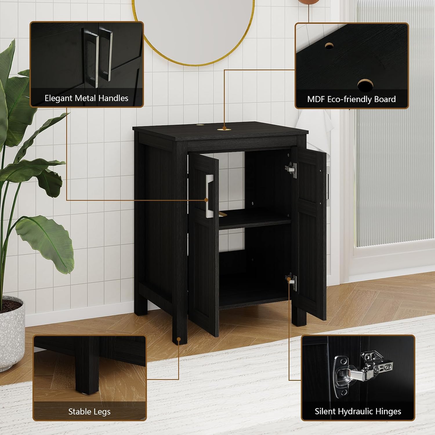 YOURLITE 24 Inches Traditional Bathroom Vanity Set with Single Faucet Hole, Clear Boat Glass Sink, Black Finish, 2-Door Cabinet