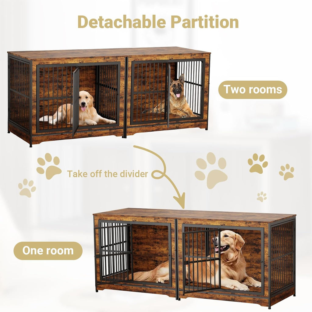 Rovibek 86' Stackable Dog Kennel Furniture with Removable Divider & 3 Doors, Double Dog Crates Furniture for 2 Dogs, Corner Dog Crate Furniture, Rustic Brown