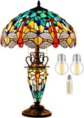 WERFACTORY Tiffany Table Lamp Sea Blue Yellow Stained Glass Dragonfly Mather-Daughter Vase Table Lamp 16X16X24 Inches Desk Light Decor Bedroom Living Room Home Office S128 Series