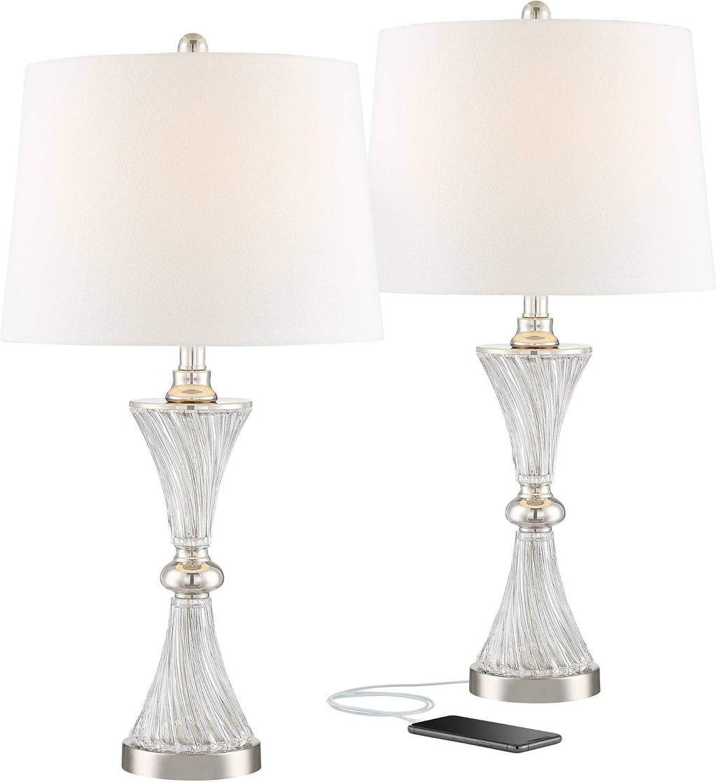 Regency Hill Luca Modern 3-Way Table Lamps 25 1/2' Tall Set of 2 with USB Charging Ports and Dimmers Clear Glass White Fabric Drum Shade for Bedroom Living Room House Desk Bedside Office Family