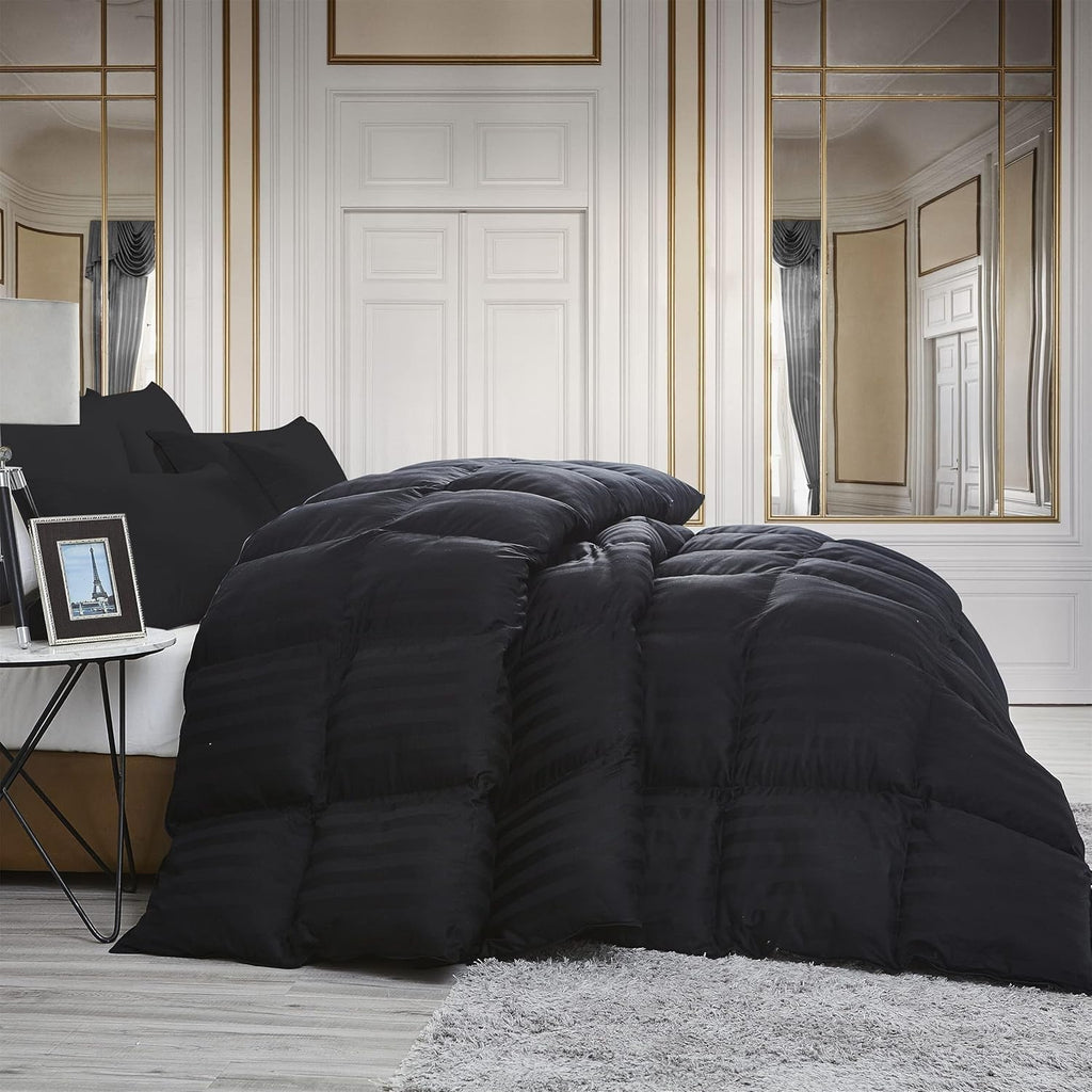 Luxurious Queen Size Goose Down Feather Fiber Comforter Duvet Insert, 100% Egyptian Cotton Cover, 60 oz. Fill Weight Comforter (Queen, Black Stripe)