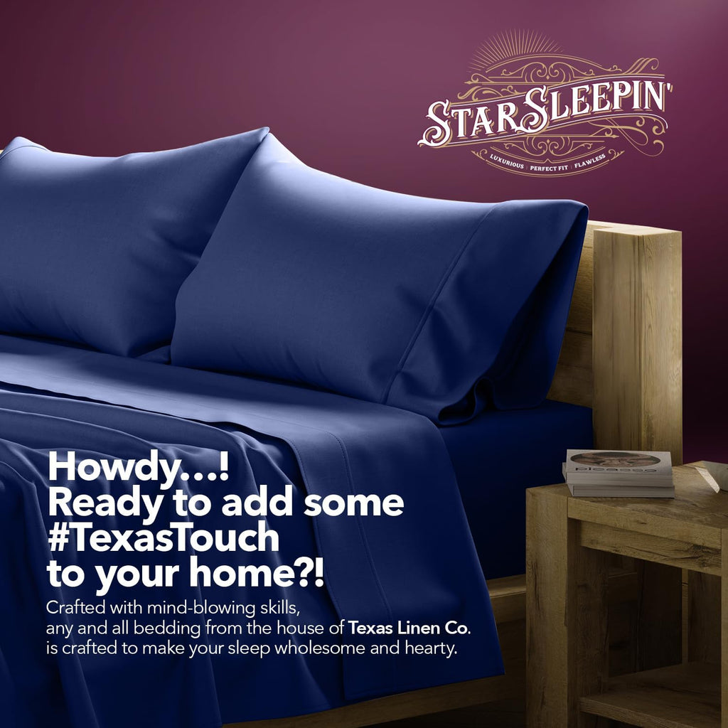 TEXAS LINEN CO. 100% Egyptian Cotton Queen Sheets Set - Luxury 1200 Series Star Sleepin' Collection Egyptian Cotton Sheets Queen Size (4 PC, Navy Blue), 17' Deep Pocket, Cooling Sateen Hotel Bedding