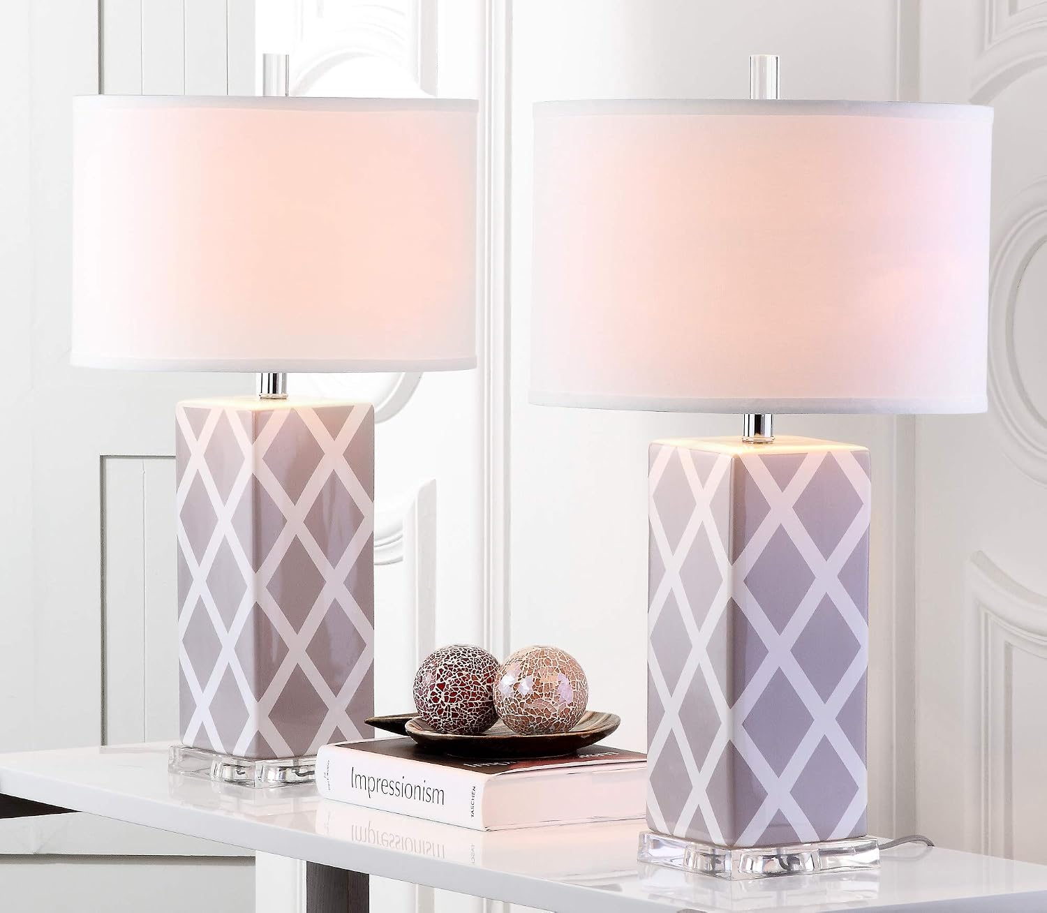 SAFAVIEH Lighting Collection Garden Lattice Trellis Modern Contemporary Grey 27-inch Bedroom Living Room Home Office Desk Nightstand Table Lamp Set of 2 (LED Bulbs Included)