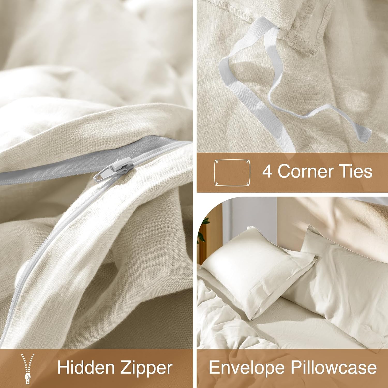 SONORO KATE 100% French Linen Duvet Cover Queen Size, Soft Breathable for Hot Sleepers, Moisture Wicking & Durable Cover Set - Zipper Closure & 4 Corner Ties Duvet Covers 3 Piece (Cream,Queen)