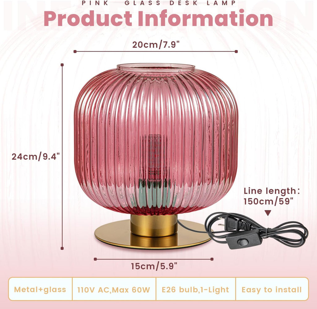 Glass Lamps Set of 2, Vintage Gold Table Lamps for Living Room End Table, Mid Century Bedside Table Lamp with Ribbed Glass Globe, Cute Desk Lamp Pink Nightstand Lamp for Girls Bedroom
