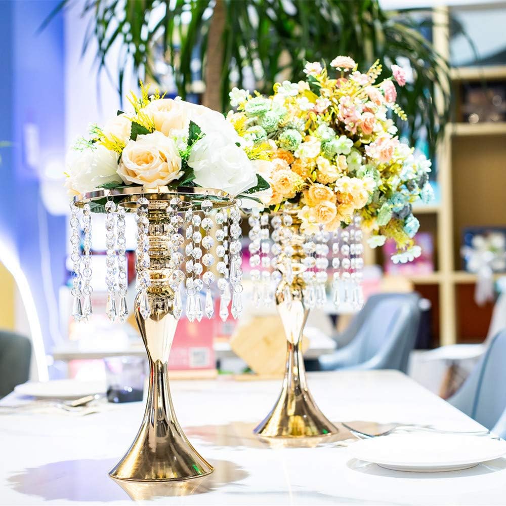 Metal Wedding Centerpieces for Table, Crystal Flower Stands, Wedding Road Lead Flower Holders, Crystal Mermaid Chandelier Flower Vases for Birthday Party Event Wedding Home Decor (Gold, 13'-10pcs)
