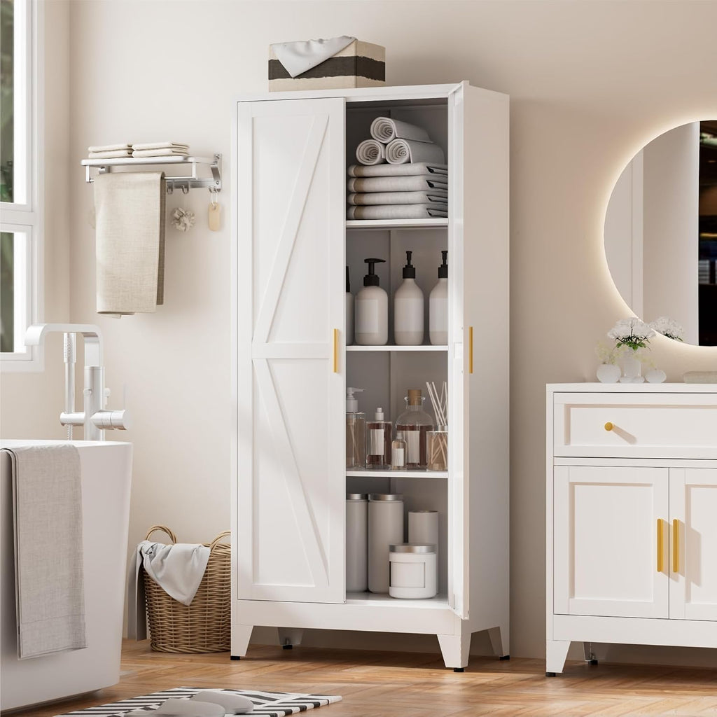 Metal Kitchen Pantry Cabinet, 61' White Farmhouse Storage Cabinet with 2 Vintage Barn Doors and 3 Adjustable Shelves, Rustic Freestanding Cupboard for Kitchen,Home Office Living Room,Dining Room