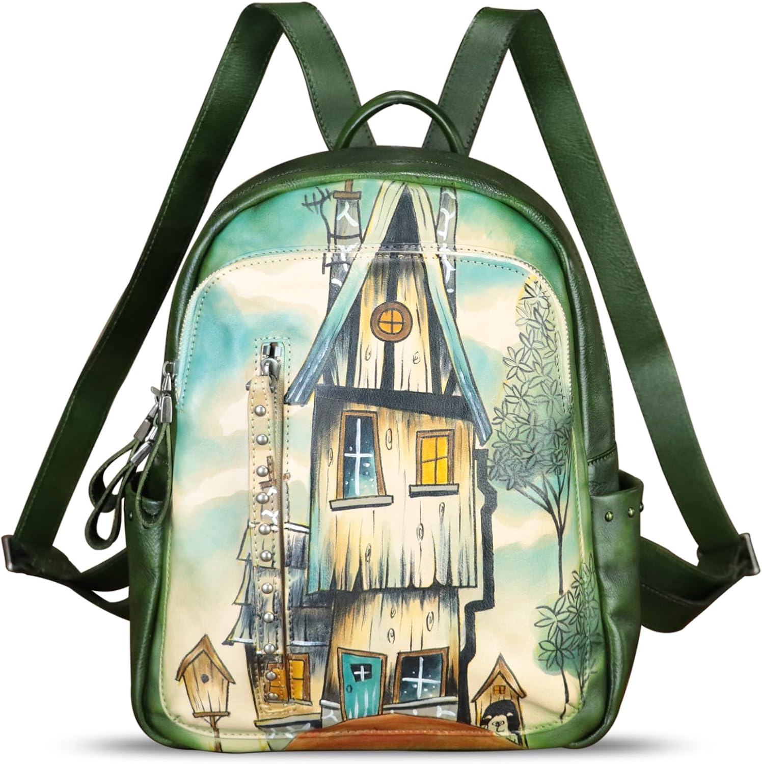 Genuine Leather Backpack for Women Hand Painted Rivet Knapsack Purse Handmade Rucksack Casual Daypack (Pattern1)