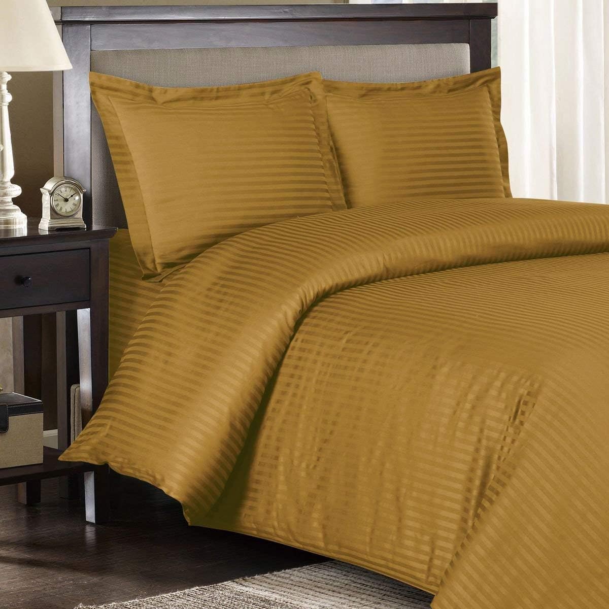 Royal Hotel Bedding Stripe Cotton Duvet Cover Set with Down Comforter Duvet Insert, Full Size Bronze Striped, 300 Thread Count, Soft Cooling Breathable 4PC Bedding Set
