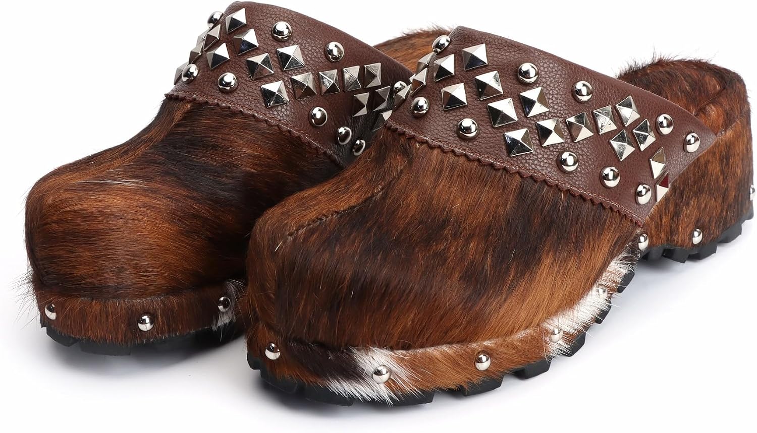 XOBZJH Platform Vintage Rivet Design Clogs for Women with Arch Support – Natural Calf Hair & Leather Patchwork Upper, Leather-Lined Slip-On Mules for All Day Comfort