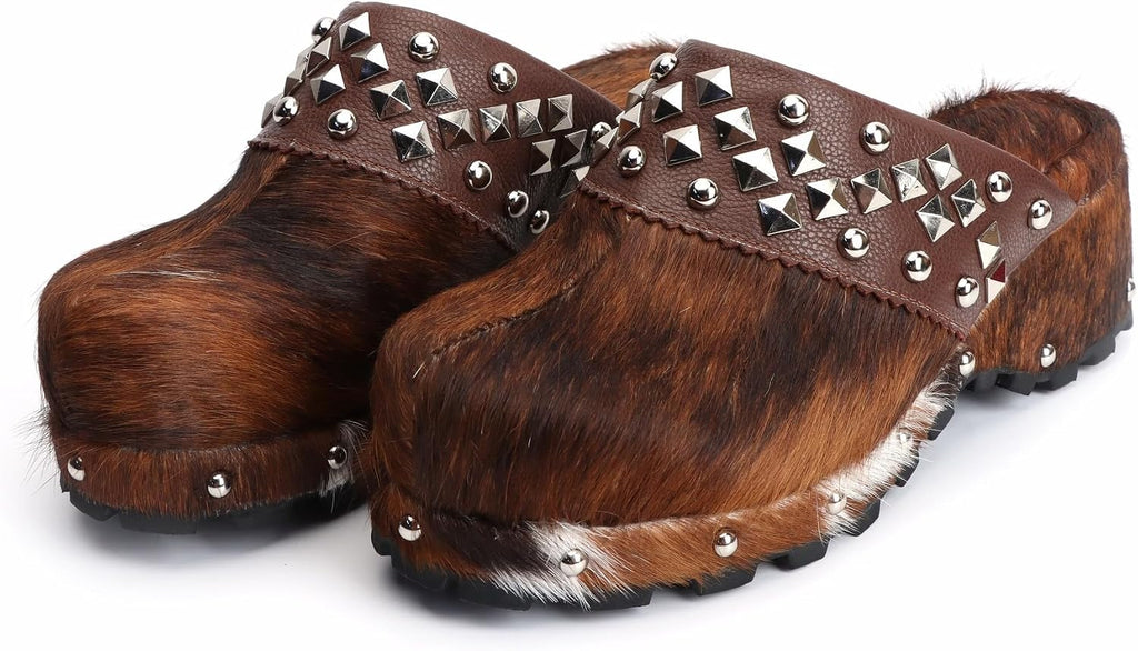 XOBZJH Platform Vintage Rivet Design Clogs for Women with Arch Support – Natural Calf Hair & Leather Patchwork Upper, Leather-Lined Slip-On Mules for All Day Comfort