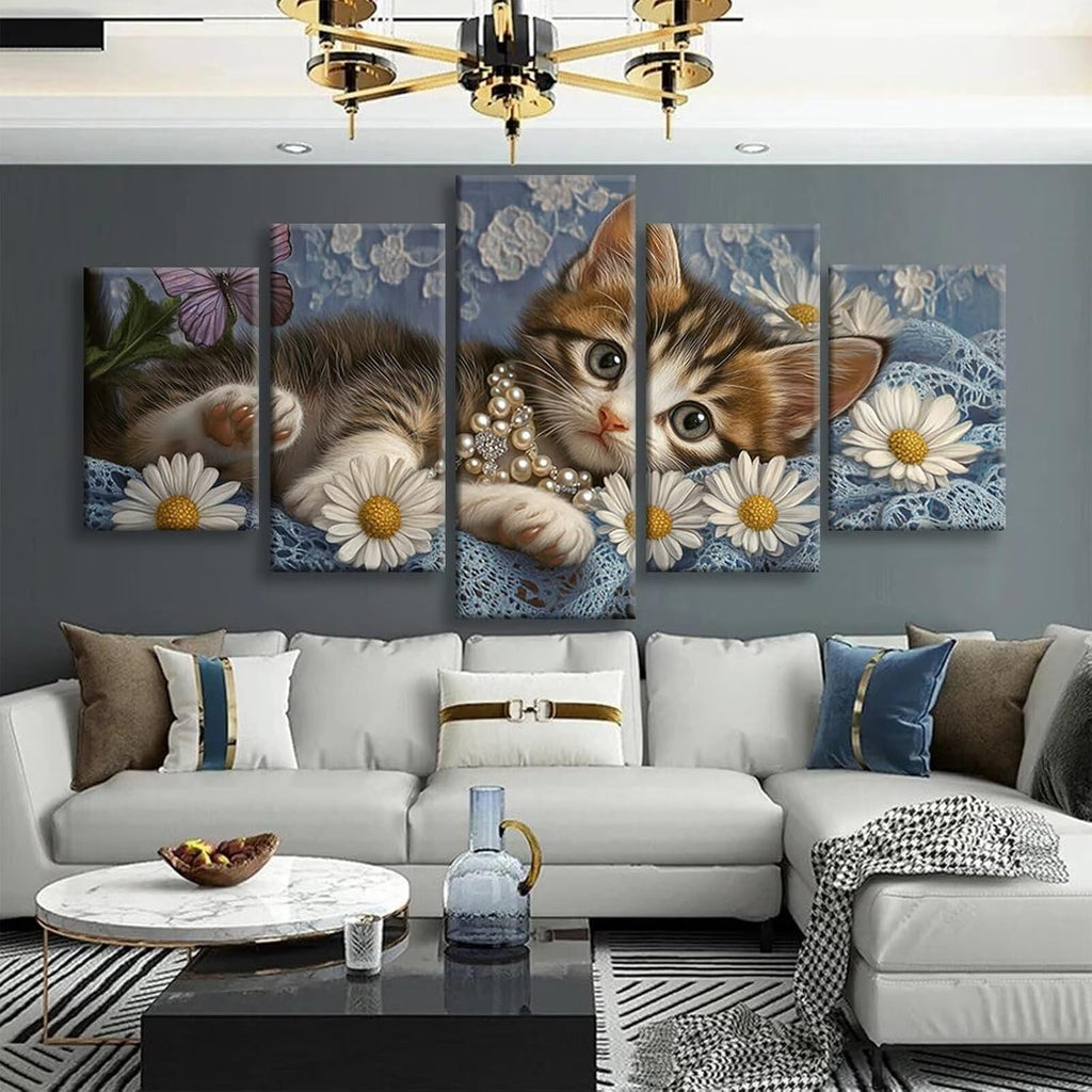 Daisy Diamond Art 5 Piece Diamond Painting Cat 5D Full Round Drill Dimond Art Paintings Crystal Rhinestones Crafts for Adults Gem Painting for Home Decor, Large Artwork for Wall 60 x 120 Inch,Model423