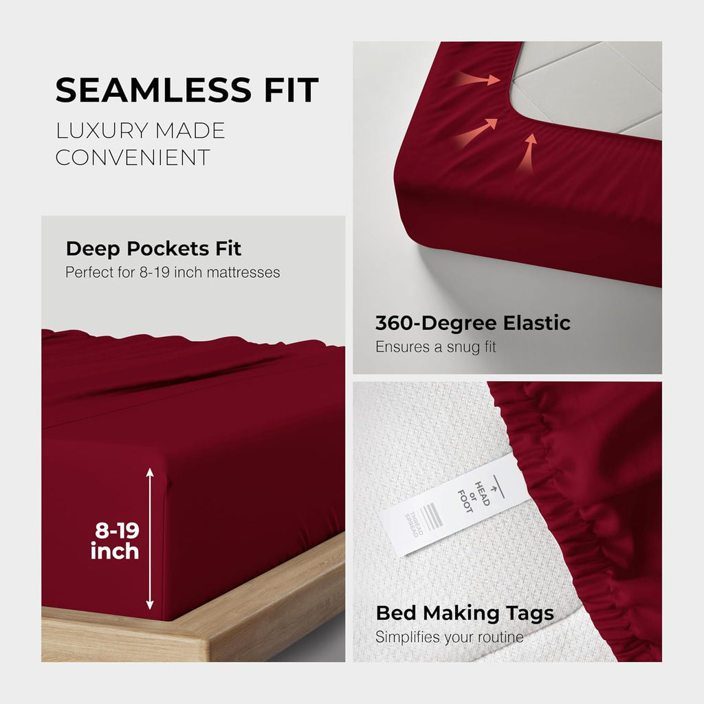 THREAD SPREAD 100% Egyptian Cotton Queen Sheets Set - 1200 Series Plush Collection Luxury Egyptian Cotton Sheets Queen Size Deep Pocket (4 PC, Burgundy), Soft, Cooling, Sateen Weave Sheet Set
