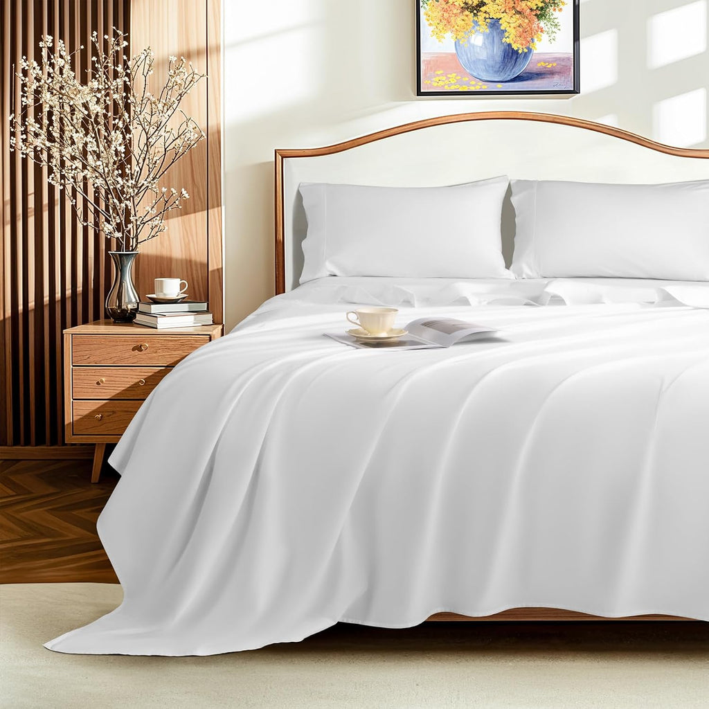 LBRO2M 1500 Thread Count Sheets 100% Egyptian Cotton Sheets Set 16 Inches Deep Pocket Queen Size Bedding 4 Pcs Sets (Queen, White)