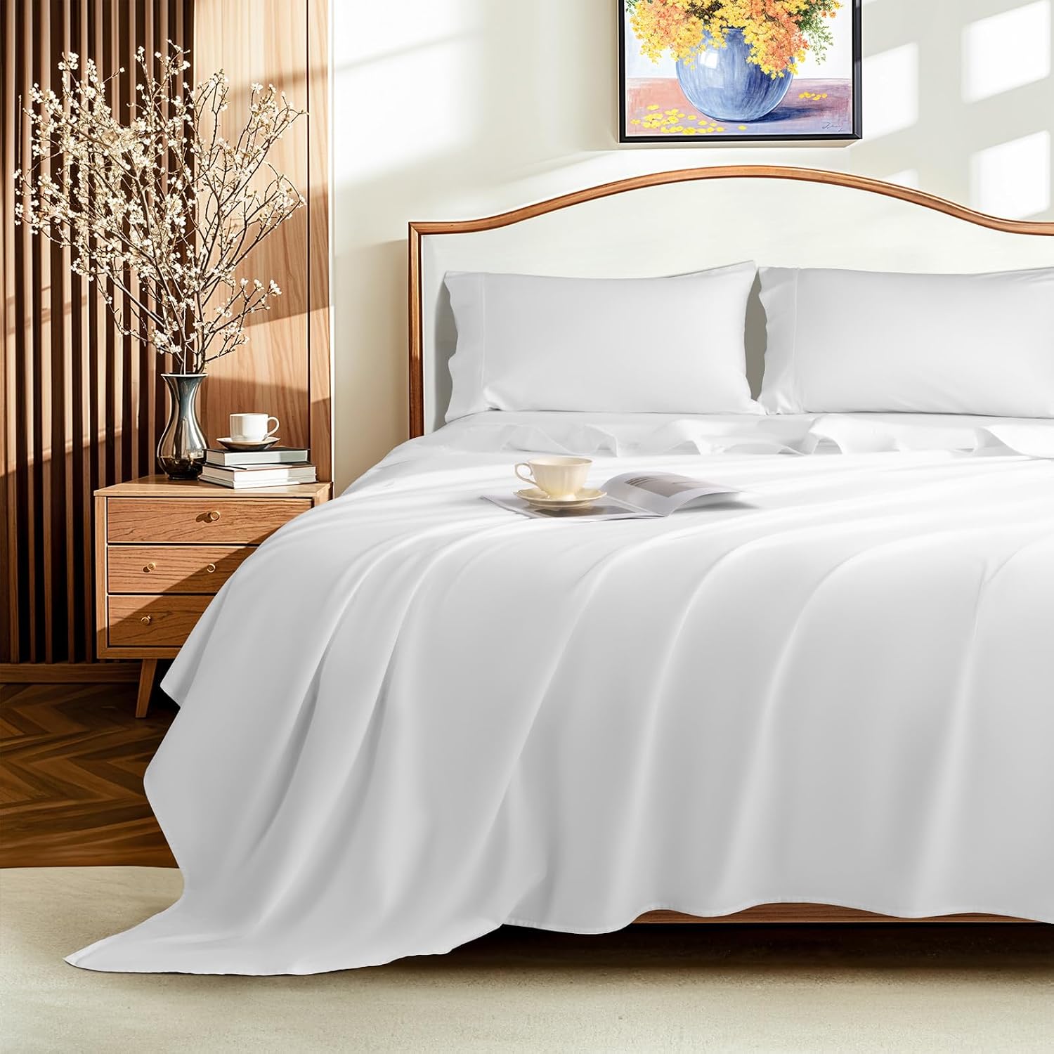 LBRO2M 1500 Thread Count Sheets 100% Egyptian Cotton Sheets Set 16 Inches Deep Pocket Queen Size Bedding 4 Pcs Sets (Queen, White)