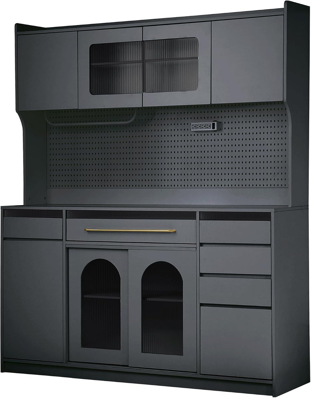 63'' W Buffet Cabinet with Hutch, Large Coffee Bar Storage Cabinet with 6 Drawers, Kitchen Pantry Sideboard with 5 Cabinets and Adjustable Shelves, Pegboard, Towel Rack, Power Outlet (Black-Q12)