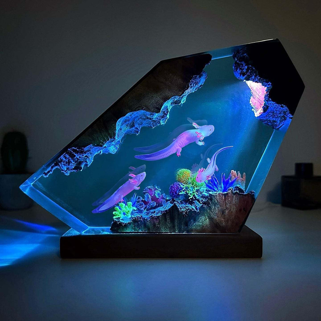 Axolotl Resin Lamp,Handcrafted 3D RGB Axolotl Night Light with Wooden Base for Home Office Decor,Unique Axolotl Gifts, Birthday Valentine's Day Gifts for Women & Men (M 8'X5')