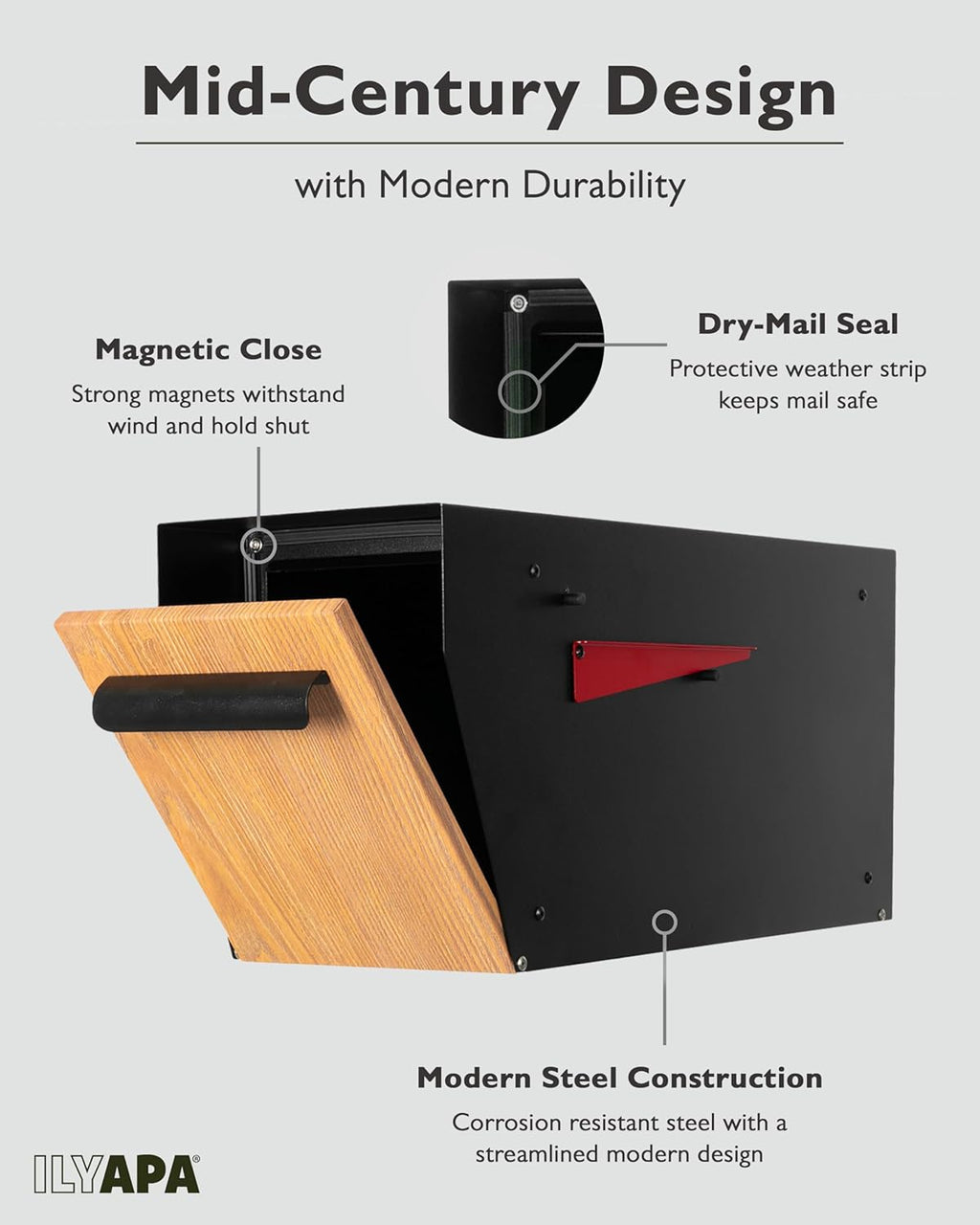 Ilyapa Black Modern Mailbox Post Mount Mailboxes for Outside- Powder Coated Steel Metal Mail Box with Rear Door, Outdoor All Weather & Corrosion Resistant, Stainless Steel Hinges & Magnetic Door