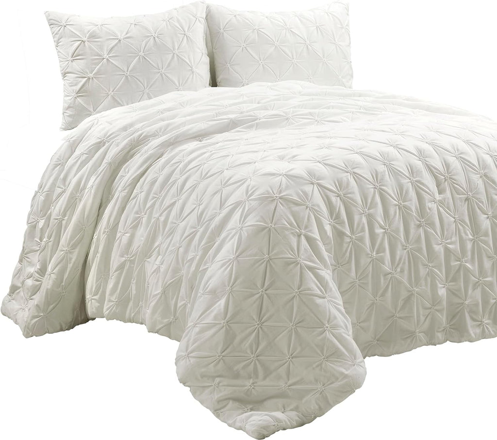 Lush Decor Ravello Pintuck Cotton Comforter Set - Luxe 3 Piece Textured Bedding Set - Traditional Glam & Farmhouse Inspired Bedroom Decor - King/ California King, White